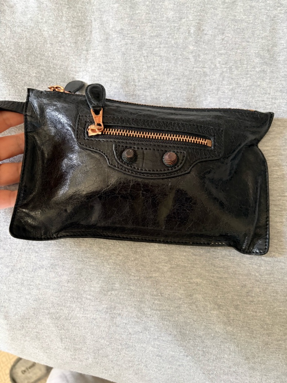 Balenciaga Black Leather Wristlet Clutch with Rose Gold Hardware